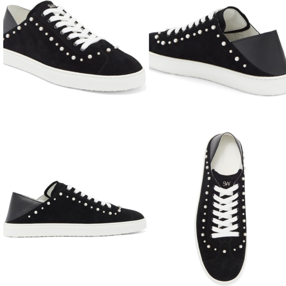 NWT🖤🤍Stuart Weitzman Super Stud Sneaker, Black suede with faux pearls